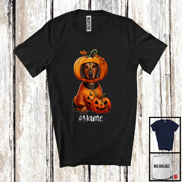 MacnyStore - Personalized Custom Name Pumpkin Dachshund; Humorous Halloween Family Group T-Shirt