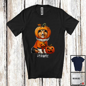 MacnyStore - Personalized Custom Name Pumpkin Sheltie; Humorous Halloween Costume Family T-Shirt