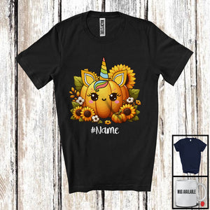 MacnyStore - Personalized Custom Name Pumpkin Unicorn Face; Lovely Thanksgiving Unicorn Sunflowers; Family T-Shirt