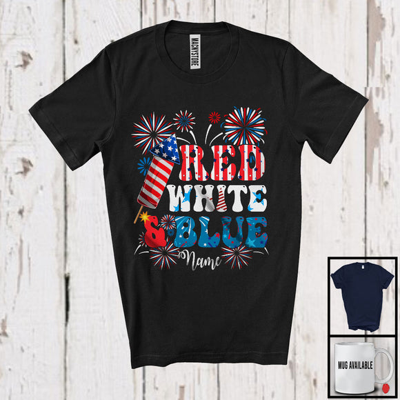 MacnyStore - Personalized Custom Name Red White Blue, Joyful 4th Of July Firecracker, American Flag Patriotic T-Shirt