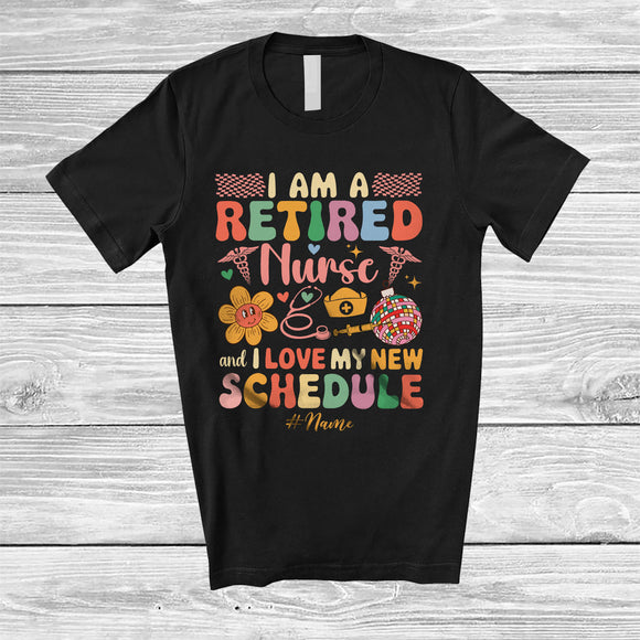 MacnyStore - Personalized Custom Name Retired Nurse Love My New Schedule; Joyful Retirement Flowers T-Shirt