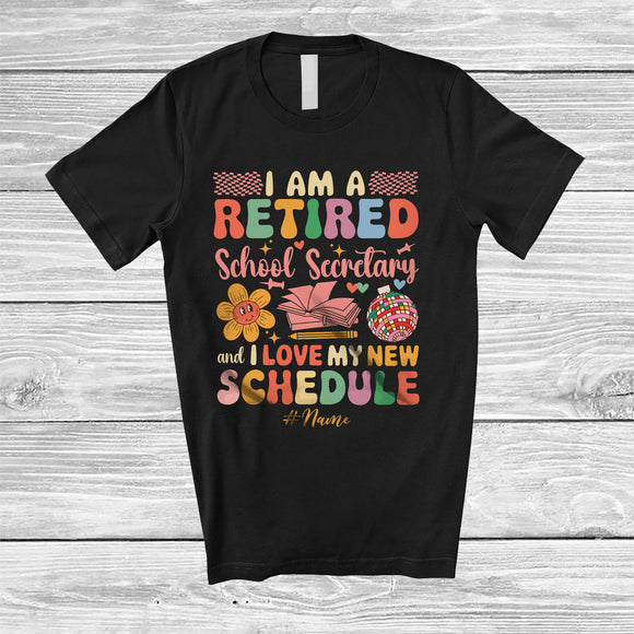 MacnyStore - Personalized Custom Name Retired School Secretary Love My New Schedule; Joyful Retirement Flowers T-Shirt