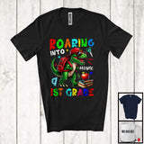 MacnyStore - Personalized Custom Name Roaring Into 1st Grade, Funny First Day Of School T-Rex, Students T-Shirt