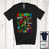 MacnyStore - Personalized Custom Name Roaring Into 4th Grade, Funny First Day Of School T-Rex, Students T-Shirt