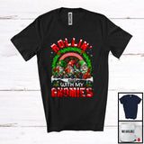 MacnyStore - Personalized Custom Name Rollin' With My Gnomies; Joyful Christmas Three Gnomes; Rainbow T-Shirt