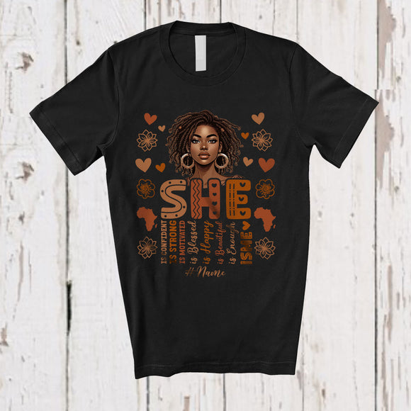 MacnyStore - Personalized Custom Name SHE Afro Strong Women; Amusing Black History Month African Flowers T-Shirt