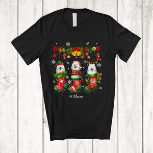 MacnyStore - Personalized Custom Name Samoyed Dog In Three Christmas Socks; Lovely X-mas Lights Snow T-Shirt