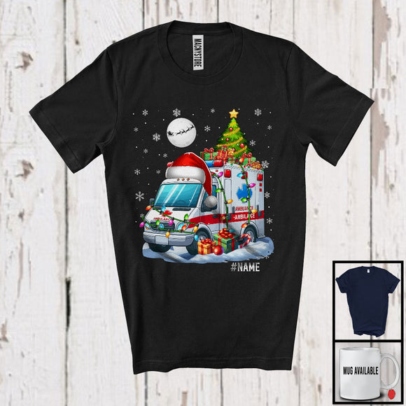 MacnyStore - Personalized Custom Name Santa Ambulance Carrying Christmas Tree; Joyful X-mas Moon; Driver T-Shirt