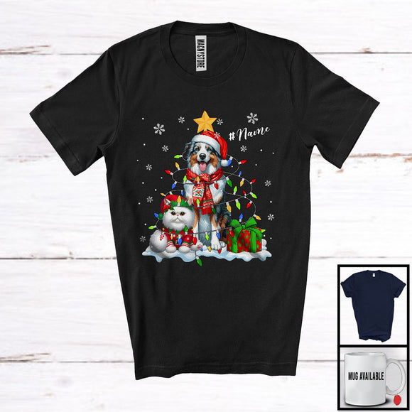 MacnyStore - Personalized Custom Name Santa Australian Shepherd In Christmas Lights; Lovely X-mas Elf Cat T-Shirt