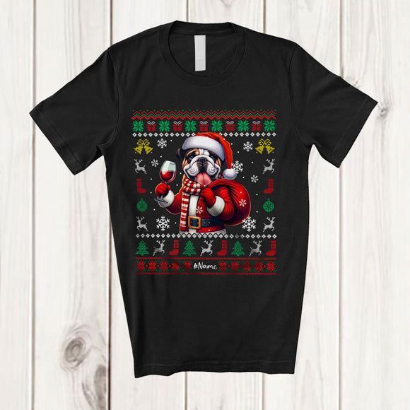 MacnyStore - Personalized Custom Name Santa Bulldog Drinking Wine; Fantastic Christmas Sweater Drunker T-Shirt