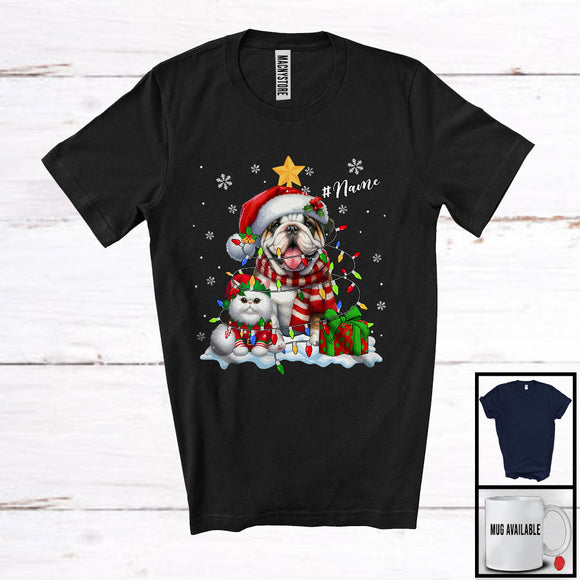 MacnyStore - Personalized Custom Name Santa Bulldog In Christmas Lights; Lovely X-mas Elf Cat Owner T-Shirt