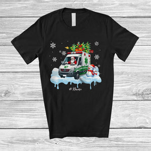 MacnyStore - Personalized Custom Name Santa Carrying Christmas Tree On Ambulance; Joyful Snowman Driver T-Shirt