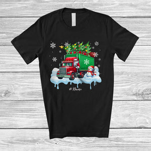 MacnyStore - Personalized Custom Name Santa Carrying Christmas Tree On Truck; Joyful Snowman Driver T-Shirt