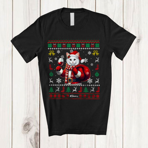 MacnyStore - Personalized Custom Name Santa Cat Drinking Wine; Fantastic Christmas Sweater Drunker T-Shirt