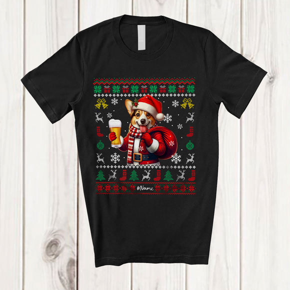 MacnyStore - Personalized Custom Name Santa Corgi Drinking Beer; Fantastic Christmas Sweater Drunker T-Shirt