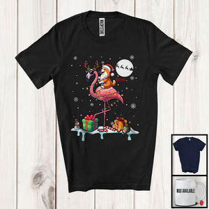 MacnyStore - Personalized Custom Name Santa Corgi Riding Reindeer Flamingo; Adorable Christmas Lights Snow T-Shirt