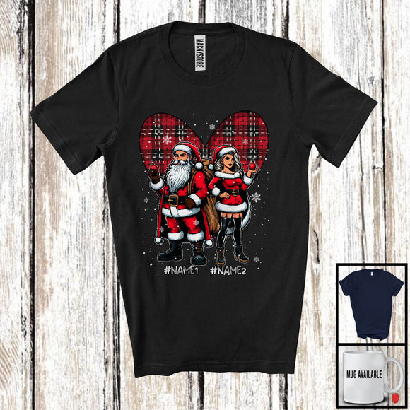 MacnyStore - Personalized Custom Name Santa Couple, Lovely Christmas Santa Snow, Red Plaid Heart Couple T-Shirt