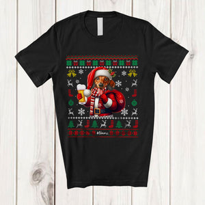 MacnyStore - Personalized Custom Name Santa Dachshund Drinking Beer; Fantastic Christmas Sweater Drunker T-Shirt