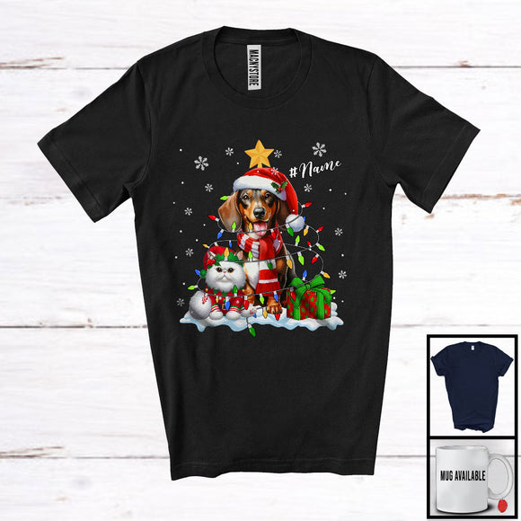 MacnyStore - Personalized Custom Name Santa Dachshund In Christmas Lights; Lovely X-mas Elf Cat Owner T-Shirt