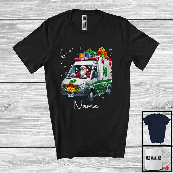 MacnyStore - Personalized Custom Name Santa Driving Ambulance, Cheerful Christmas Driver X-mas Team T-Shirt