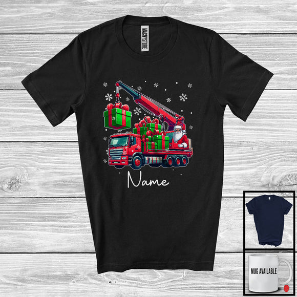 MacnyStore - Personalized Custom Name Santa Driving Crane Truck, Cheerful Christmas Driver Santa X-mas Team T-Shirt