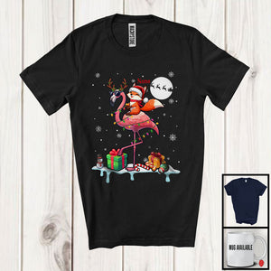 MacnyStore - Personalized Custom Name Santa Fox Riding Reindeer Flamingo; Adorable Christmas Lights Snow T-Shirt