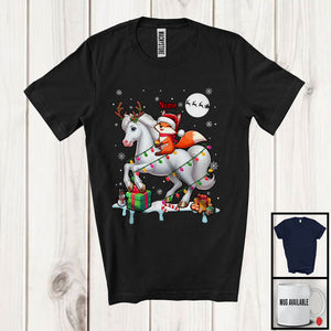 MacnyStore - Personalized Custom Name Santa Fox Riding Reindeer Horse; Adorable Christmas Lights Snow T-Shirt