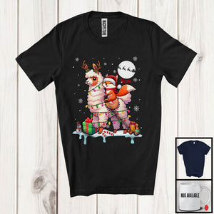 MacnyStore - Personalized Custom Name Santa Fox Riding Reindeer Llama; Adorable Christmas Lights Snow T-Shirt