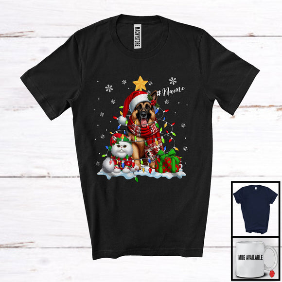 MacnyStore - Personalized Custom Name Santa German Shepherd In Christmas Lights; Lovely X-mas Elf Cat T-Shirt