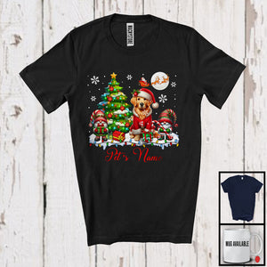 MacnyStore - Personalized Custom Name Santa Golden Retriever With Gnome, Lovely X-mas Tree, Snow Around T-Shirt