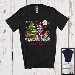 MacnyStore - Personalized Custom Name Santa Husky With Gnome, Lovely X-mas Tree, Snow Around T-Shirt