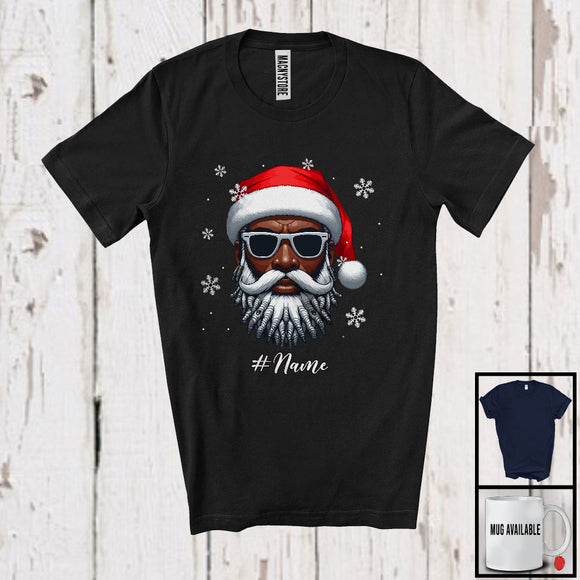 MacnyStore - Personalized Custom Name Santa Men Afro Face; Joyful Christmas Black Afro African; Family T-Shirt