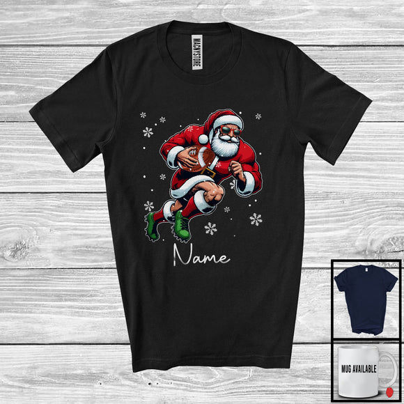 MacnyStore - Personalized Custom Name Santa Playing Football, Joyful Christmas Sport Player, X-mas Team T-Shirt