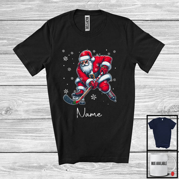 MacnyStore - Personalized Custom Name Santa Playing Hockey, Joyful Christmas Sport Player, X-mas Team T-Shirt