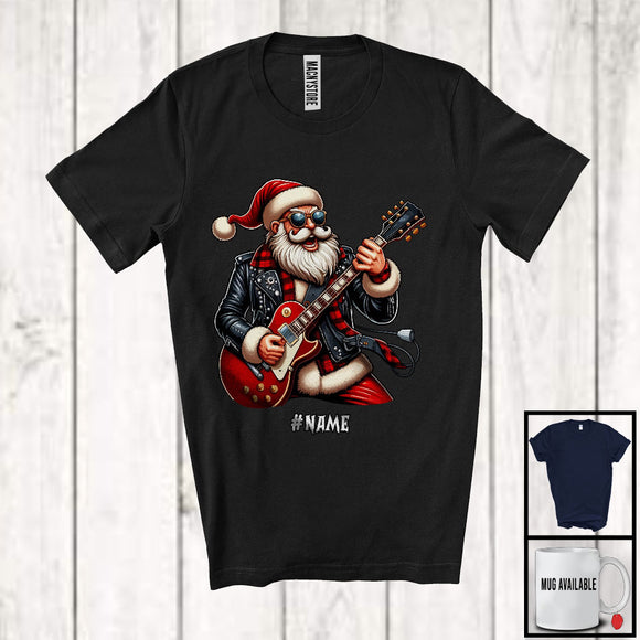 MacnyStore - Personalized Custom Name Santa Playing Rock Guitar; Cheerful Christmas Rock Player; Guitarist T-Shirt