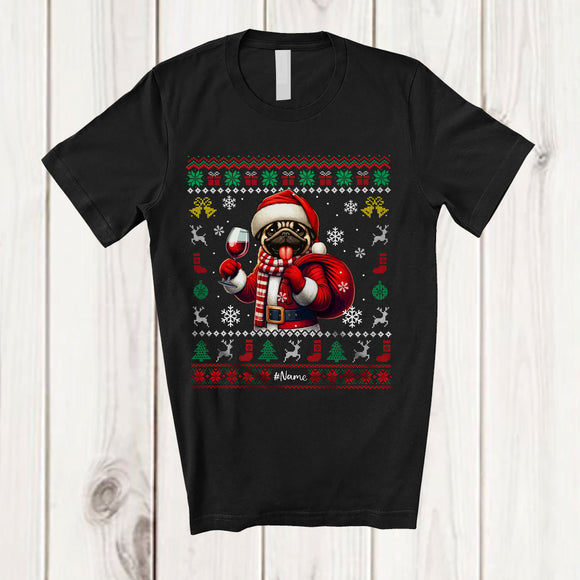 MacnyStore - Personalized Custom Name Santa Pug Drinking Wine; Fantastic Christmas Sweater Drunker T-Shirt