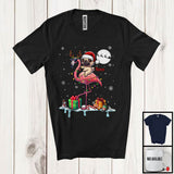 MacnyStore - Personalized Custom Name Santa Pug Riding Reindeer Flamingo; Adorable Christmas Lights Snow T-Shirt