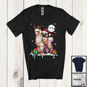 MacnyStore - Personalized Custom Name Santa Pug Riding Reindeer Llama; Adorable Christmas Lights Snow T-Shirt