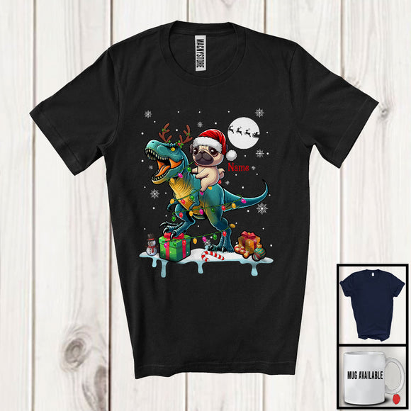 MacnyStore - Personalized Custom Name Santa Pug Riding Reindeer T-Rex; Adorable Christmas Lights Snow T-Shirt