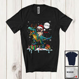 MacnyStore - Personalized Custom Name Santa Pug Riding Reindeer T-Rex; Adorable Christmas Lights Snow T-Shirt