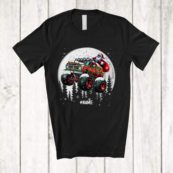 MacnyStore - Personalized Custom Name Santa Racing On Monster Truck; Joyful Christmas Lights Moon; Driver T-Shirt