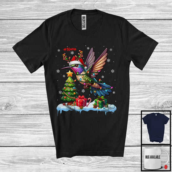 MacnyStore - Personalized Custom Name Santa Reindeer Hummingbird; Joyful Christmas Tree Lights Hummingbird Bird T-Shirt