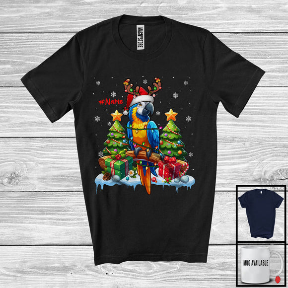 MacnyStore - Personalized Custom Name Santa Reindeer Macaw; Joyful Christmas Tree Lights Macaw Bird T-Shirt