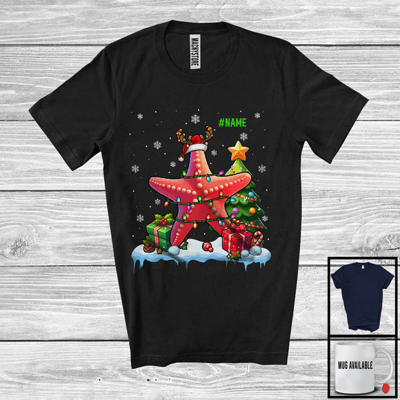 MacnyStore - Personalized Custom Name Santa Reindeer Starfish; Joyful Christmas Tree Lights Starfish Animal T-Shirt