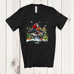 MacnyStore - Personalized Custom Name Santa Riding Bass Fish Reindeer; Humorous Christmas Lights Sea Animal T-Shirt