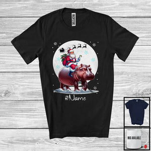 MacnyStore - Personalized Custom Name Santa Riding Hippo, Merry Christmas Moon Snow Hippo, X-mas Team T-Shirt