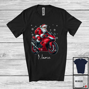 MacnyStore - Personalized Custom Name Santa Riding Motorbike, Cheerful Christmas Rider Biker, X-mas Team T-Shirt