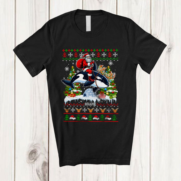 MacnyStore - Personalized Custom Name Santa Riding Orca Reindeer; Humorous Christmas Sweater Sea Animal T-Shirt