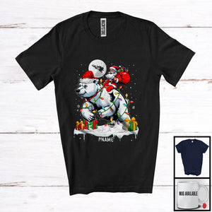 MacnyStore - Personalized Custom Name Santa Riding Polar Bear As Reindeer; Lovely Christmas Lights Snow T-Shirt