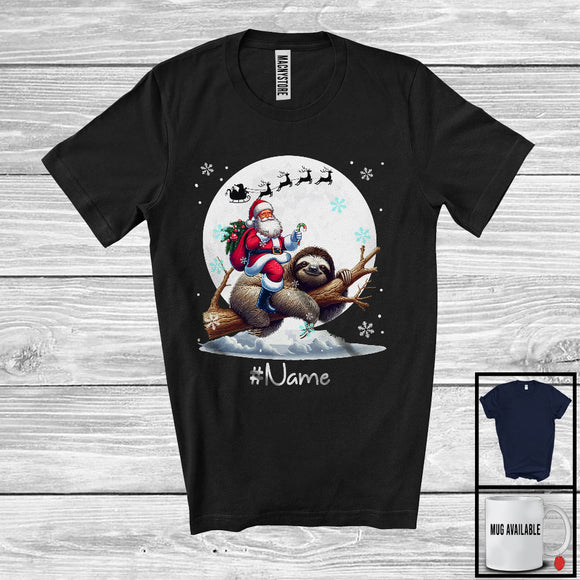 MacnyStore - Personalized Custom Name Santa Riding Sloth, Merry Christmas Moon Snow Sloth, X-mas Team T-Shirt
